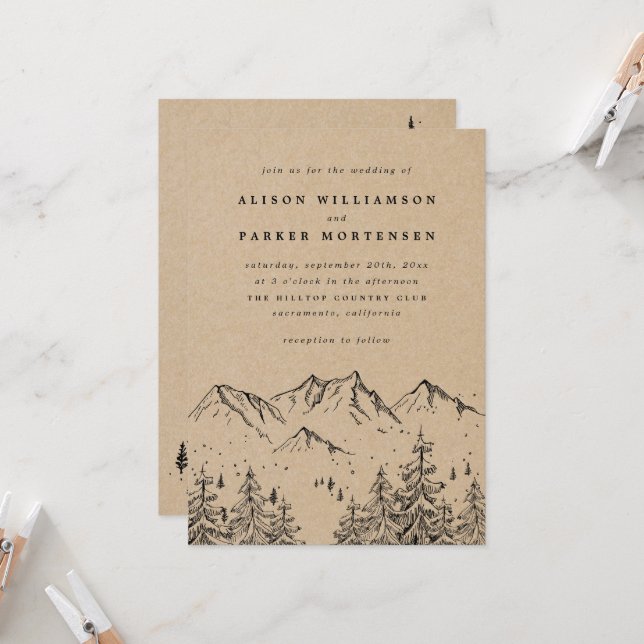 Rustic Kraft Mountains & Pines Wedding Photo Invitation (Front/Back In Situ)