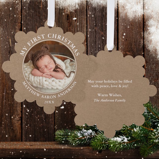 Rustic Kraft My First Christmas Photo Tree Decoration Card (A greeting card that is also an ornament! Customize with your photo and personalized text.)