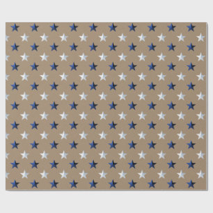 Rustic Kraft Navy Blue Silver Stars Holiday Wrapping Paper