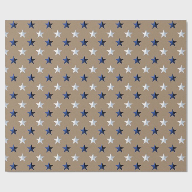 Rustic Kraft Navy Blue Silver Stars Holiday Wrapping Paper (Flat)