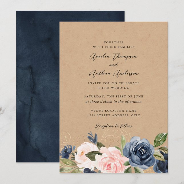Rustic Kraft Navy Blush Floral Wedding Invitation (Front/Back)