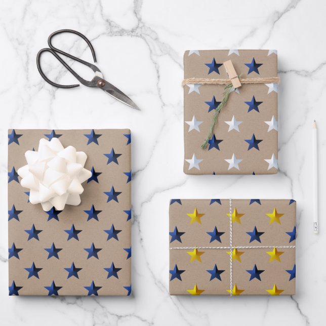 Rustic Kraft Navy Gold Silver Stars Christmas  Wrapping Paper Sheet (Front)