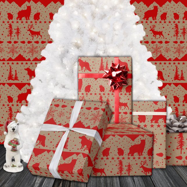 Rustic Kraft Nordic Sweater Red Winter Animals Wrapping Paper (Rustic Kraft Nordic Sweater Red Winter Animals Christmas Holiday Gift Wrapping Paper Rolls)
