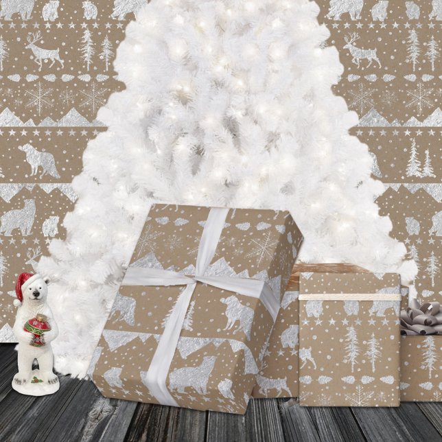 Rustic Kraft Nordic Sweater Silver Winter Animals Wrapping Paper (Rustic Kraft Nordic Sweater Silver Winter Animals Christmas Holiday Gift Wrapping Paper Rolls)