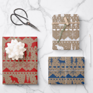 Rustic Kraft Nordic Sweater Winter Animals 3 Colou Wrapping Paper Sheet