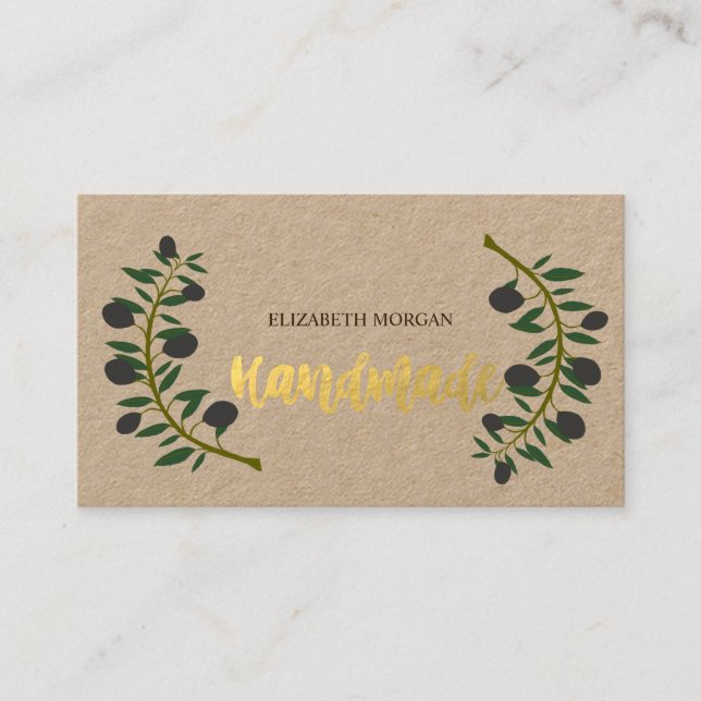 Rustic, Kraft, Olive Branch,Handmade Business Card (Front)