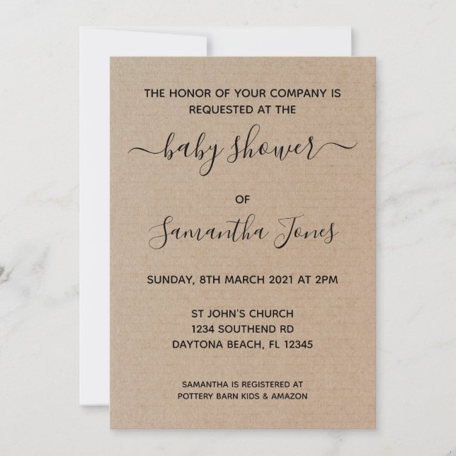 Rustic Kraft Paper Baby Shower Invitation Script (Front)