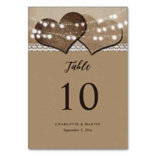 Rustic Kraft Paper Burlap Hearts Country Wedding Table Number