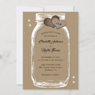 Rustic Kraft Paper Burlap Hearts Mason Jar Wedding Invitation