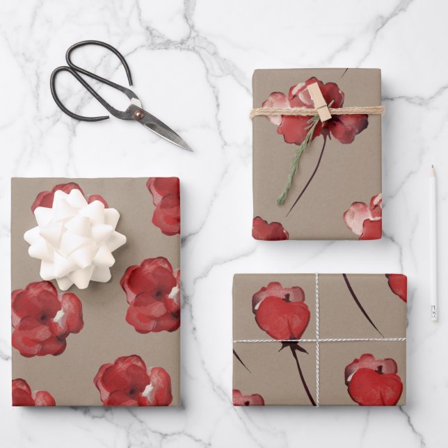 Rustic Kraft Paper Carmine Red Buds Blossoms (Front)