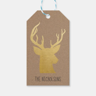 Rustic Kraft Paper Christmas Gold Reindeer Gift Tags