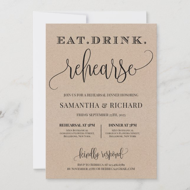 Rustic kraft paper eat drink rehearse rehearsal invitation (Front)