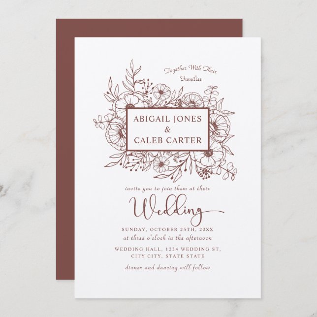 Rustic Kraft Paper Floral Sketch Wedding Invitatio Invitation (Front/Back)
