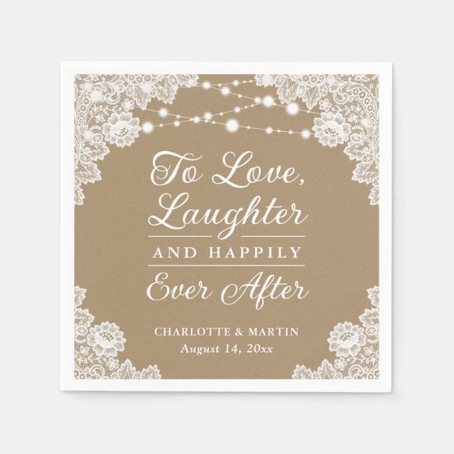Rustic Kraft Paper Lace Happily Ever After Wedding Napkin (Front)