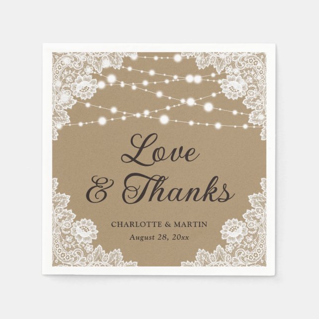 Rustic Kraft Paper Lace Love and Thanks Wedding Napkin (Front)