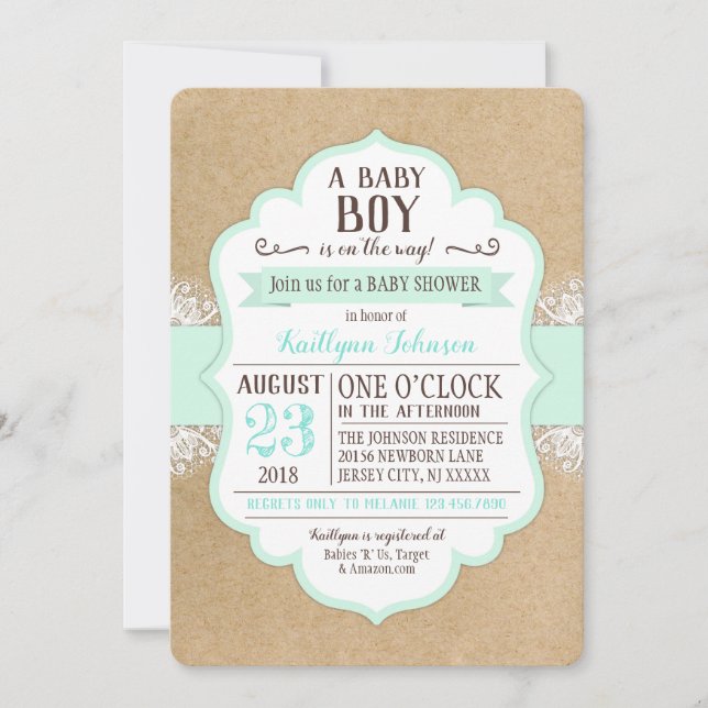 Rustic Kraft Paper Lace Sea Foam Baby Shower Invitation (Front)