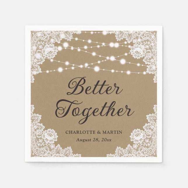 Rustic Kraft Paper Lace String Lights Wedding Napkin (Front)