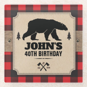 Rustic Kraft Paper Look Buffalo Plaid with Bear Glass Coaster