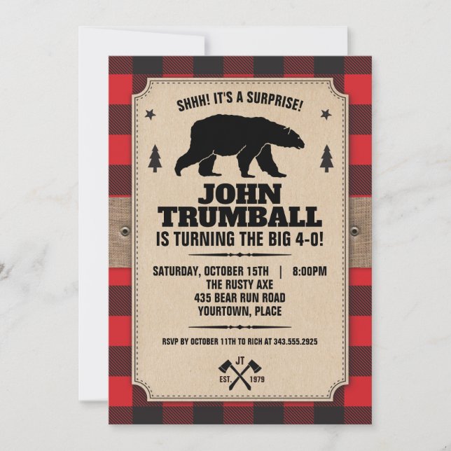 Rustic Kraft Paper Look Buffalo Plaid with Bear Invitation (Front)