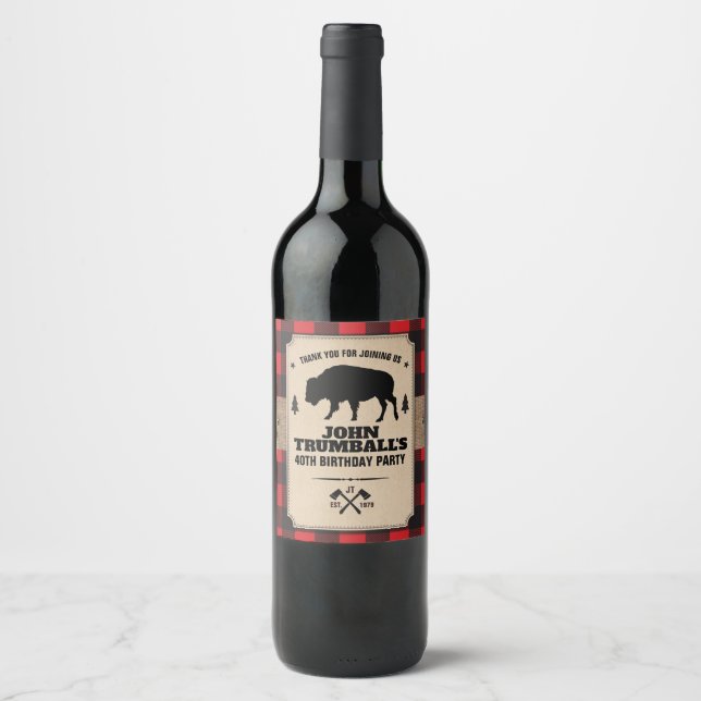 Rustic Kraft Paper Look Buffalo Plaid with Bison Wine Label (Front)