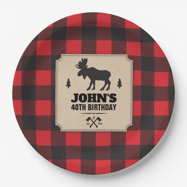 Rustic Kraft Paper Look Buffalo Plaid with Moose Paper Plate (Front)