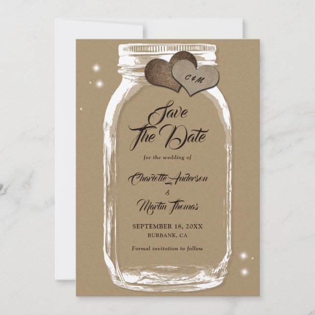 Rustic Kraft Paper Mason Jar Wedding Save The Date (Front)