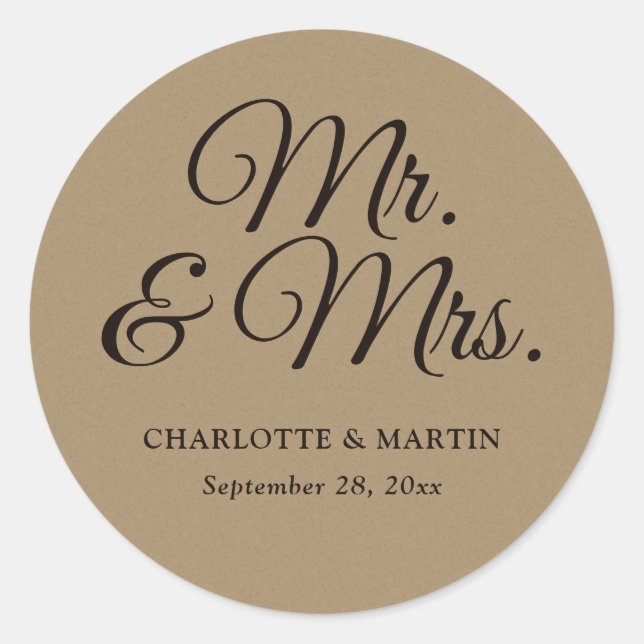 Rustic Kraft Paper Mr and Mrs Wedding Classic Round Sticker (Front)