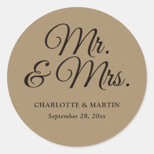 Rustic Kraft Paper Mr and Mrs Wedding Classic Round Sticker