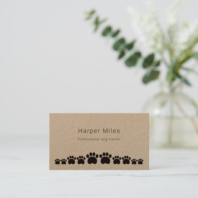 Rustic kraft paper paws dog trainer business card (Standing Front)
