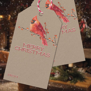 Rustic Kraft Paper Red Cardinal On Ilex Berries Gift Tags