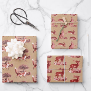 Rustic Kraft Paper Red Toile Deer Fox Hare Rabbit