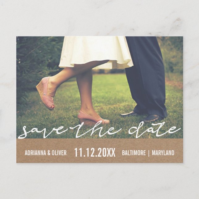 Rustic Kraft Paper Save The Date Typography Photo Announcement Postcard (Front)