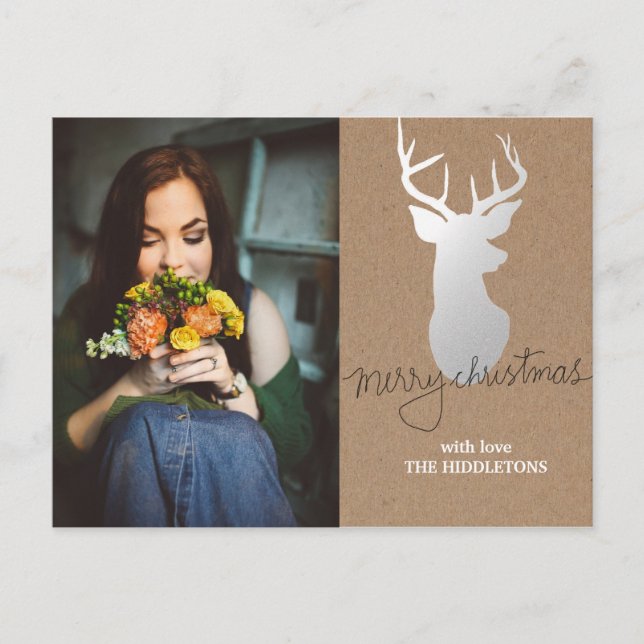 Rustic Kraft Paper Silver Antler Christmas Photo Holiday Postcard (Front)