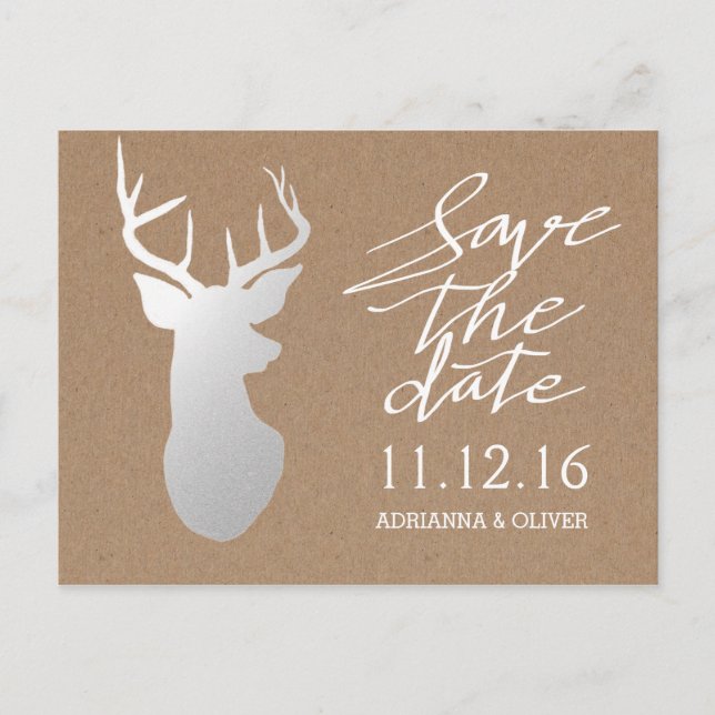Rustic Kraft Paper Silver Antler Save The Date Announcement Postcard (Front)