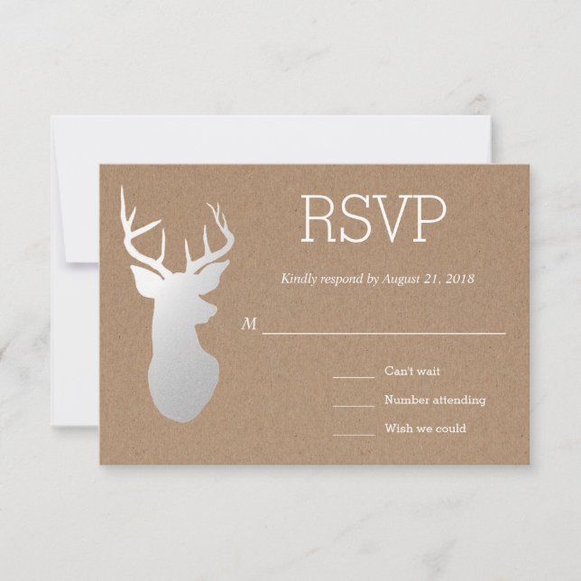 Rustic Kraft Paper Silver Antler Wedding RSVP Card (Front)