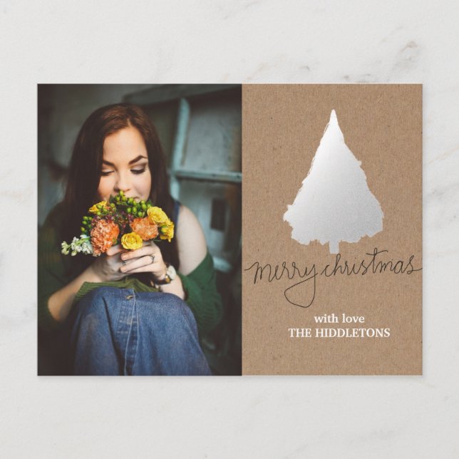 Rustic Kraft Paper Silver Christmas Tree Photo Holiday Postcard (Front)