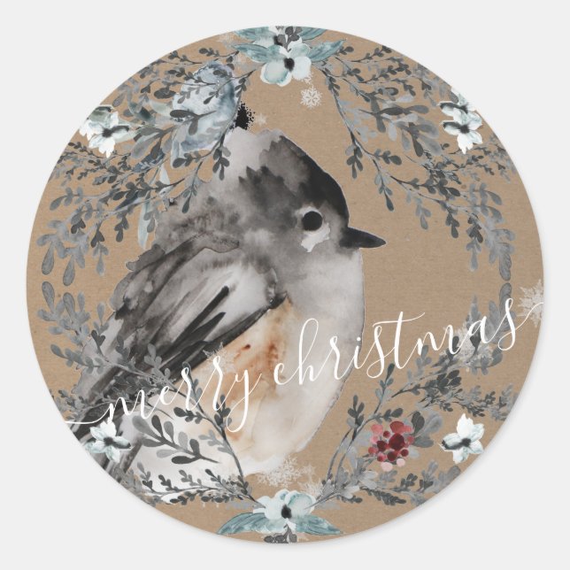 Rustic Kraft Paper Sparrow Bird Merry Christmas Classic Round Sticker (Front)
