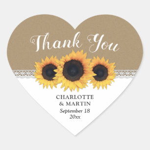 Rustic Kraft Paper Sunflower Wedding Thank You Heart Sticker