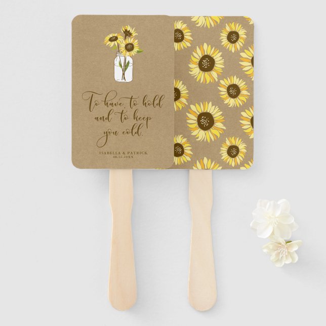 Rustic Kraft Paper Sunflowers on Mason Jar Wedding Hand Fan (Front and Back)