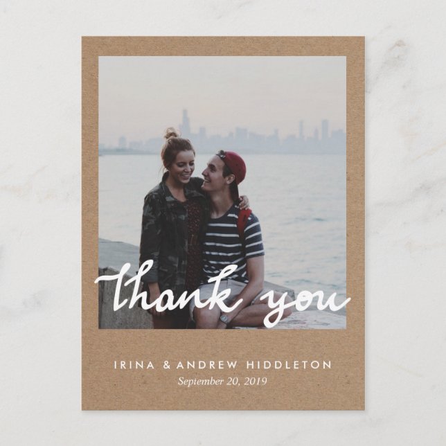 Rustic Kraft Paper Thank You Handwritten Photo Postcard (Front)