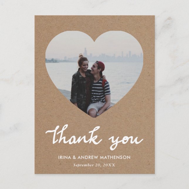 Rustic Kraft Paper Thank You Script Heart Photo Postcard (Front)