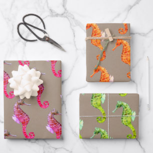 Rustic Kraft Paper Watercolor Colourful Sea Horses