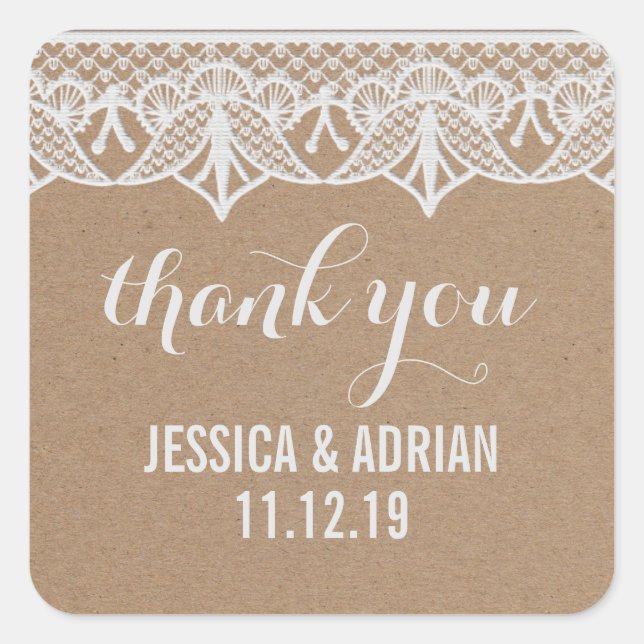 Rustic Kraft Paper White Lace Wedding Favour Square Sticker (Front)