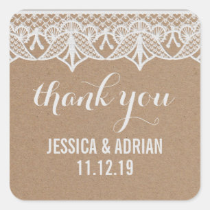 Rustic Kraft Paper White Lace Wedding Favour Square Sticker