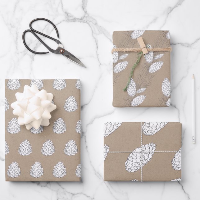 Rustic Kraft Paper White Winter Pine Cones Modern (Front)