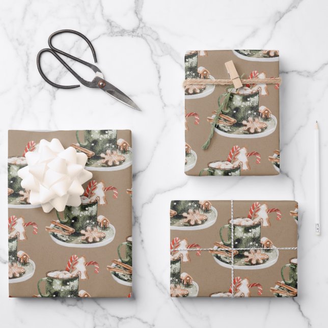 Rustic Kraft Peppermint Cocoa Gingerbread Cookies Wrapping Paper Sheet (Front)