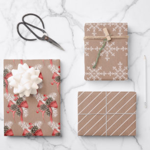 Rustic Kraft Pine Cones, Snowflakes and Stripes Wrapping Paper Sheet