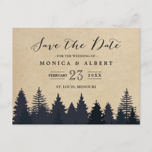 Rustic Kraft Pine Trees Forest Save the Date Announcement Postcard (Front)