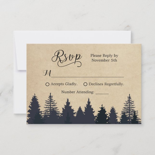Rustic Kraft Pine Trees Winter Wedding RSVP Card (Front)