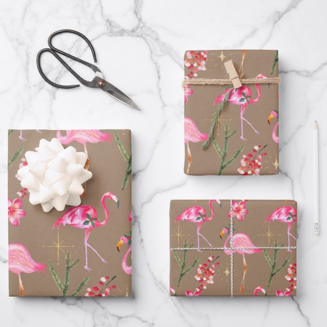 Rustic Kraft Pink Flamingo Christmas Holiday Wrapping Paper Sheet (Front)